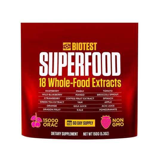 Biotest Superfood Berry-Dense Polyphenols blend with blueberries, raspberries, strawberries, and maqui.