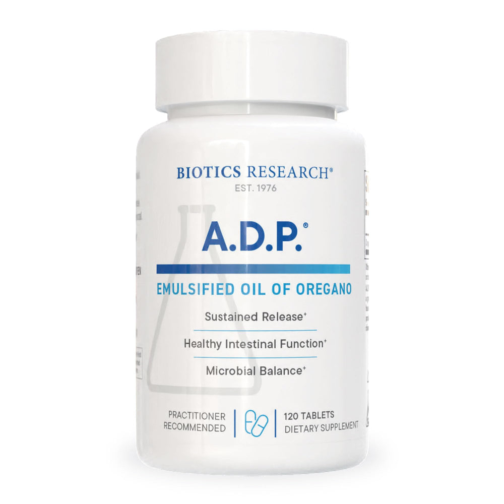 BIOTICS RESEARCH A.D.P. oregano tablets bottle shows sustained release for gut support.