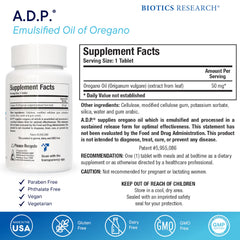 BIOTICS RESEARCH A.D.P. oregano tablets close-up highlights emulsified oil for gentle digestion.