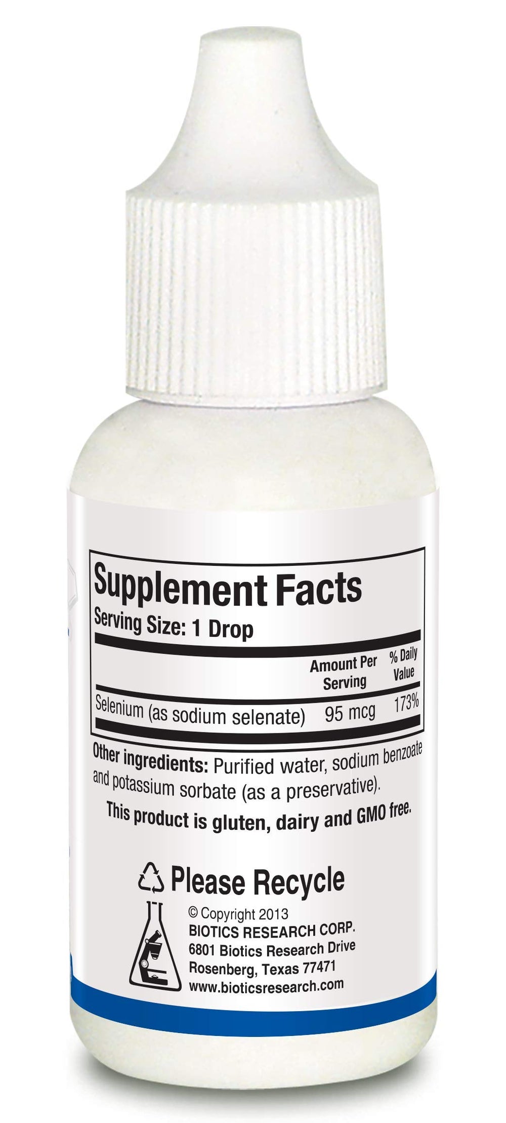 Close-up of product label for Biotics Aqueous Selenium Liquid 95 mcg