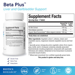 Biotics Research Beta-Plus bottle back with ingredient details and directions