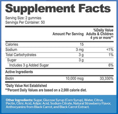 Bottle of Biotin gummies with strawberry flavor and 100 count