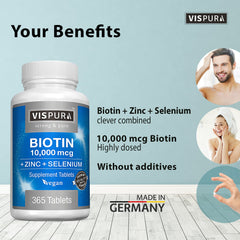 Tablets of Biotin 10000 mcg + Zinc + Selenium vegan supplement