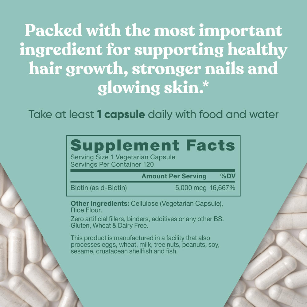 Easy-to-swallow vegetarian capsules of Biotin 5000 mcg