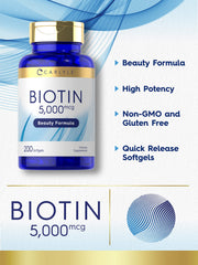 Biotin 5000mcg softgels close-up in bottle