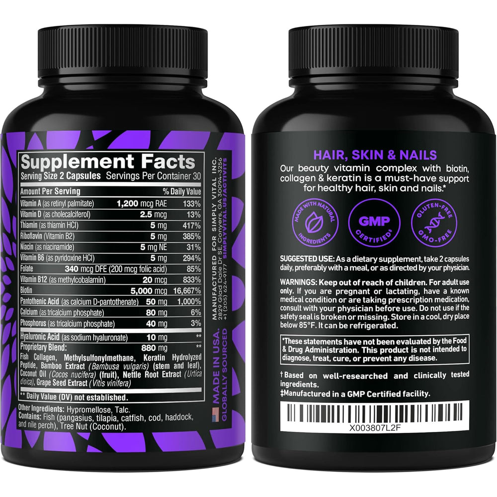 Graphic showing biotin, collagen, keratin and B vitamins ingredients