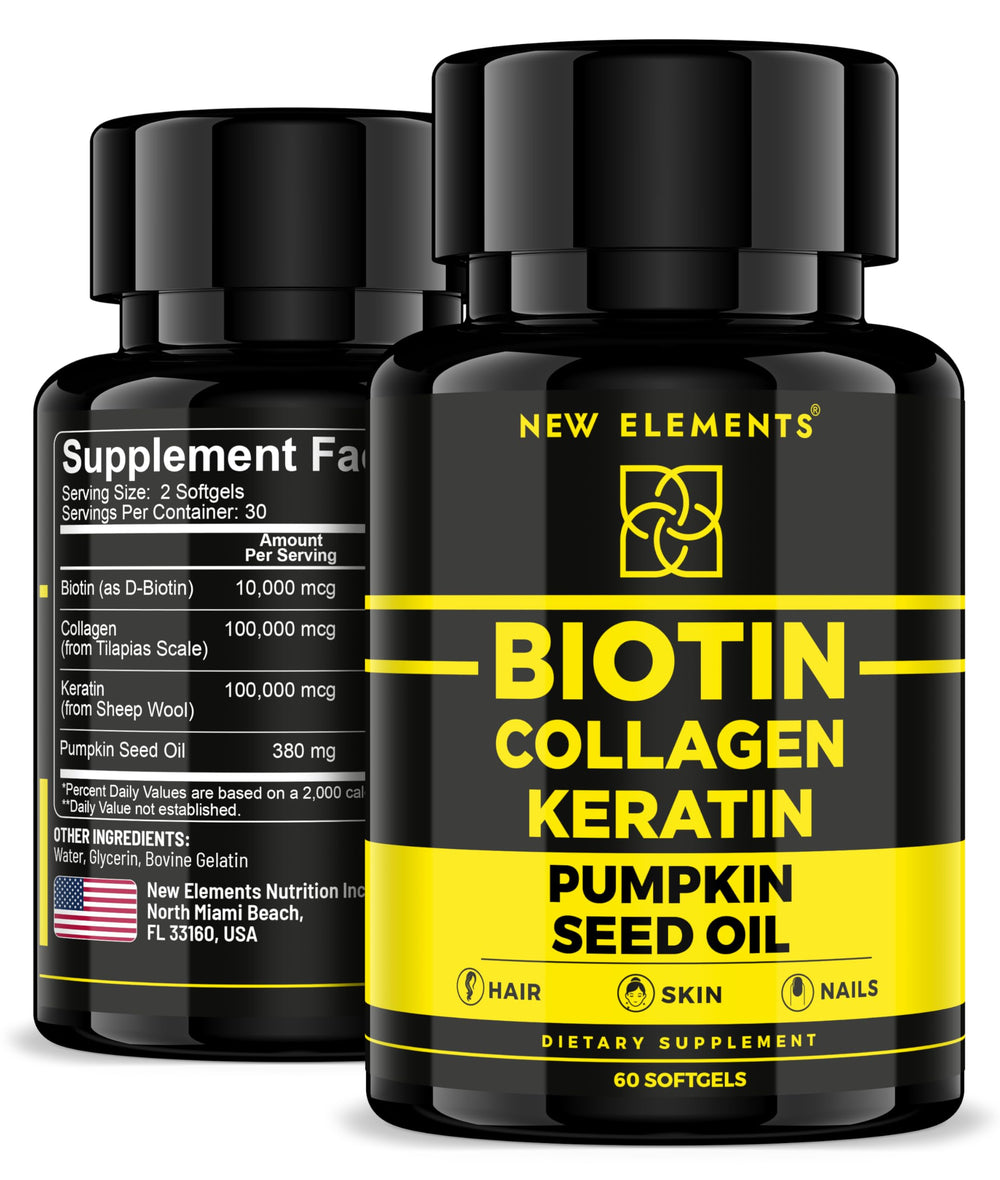 Biotin 10000mcg supplement bottle with collagen, keratin and pumpkin seed oil