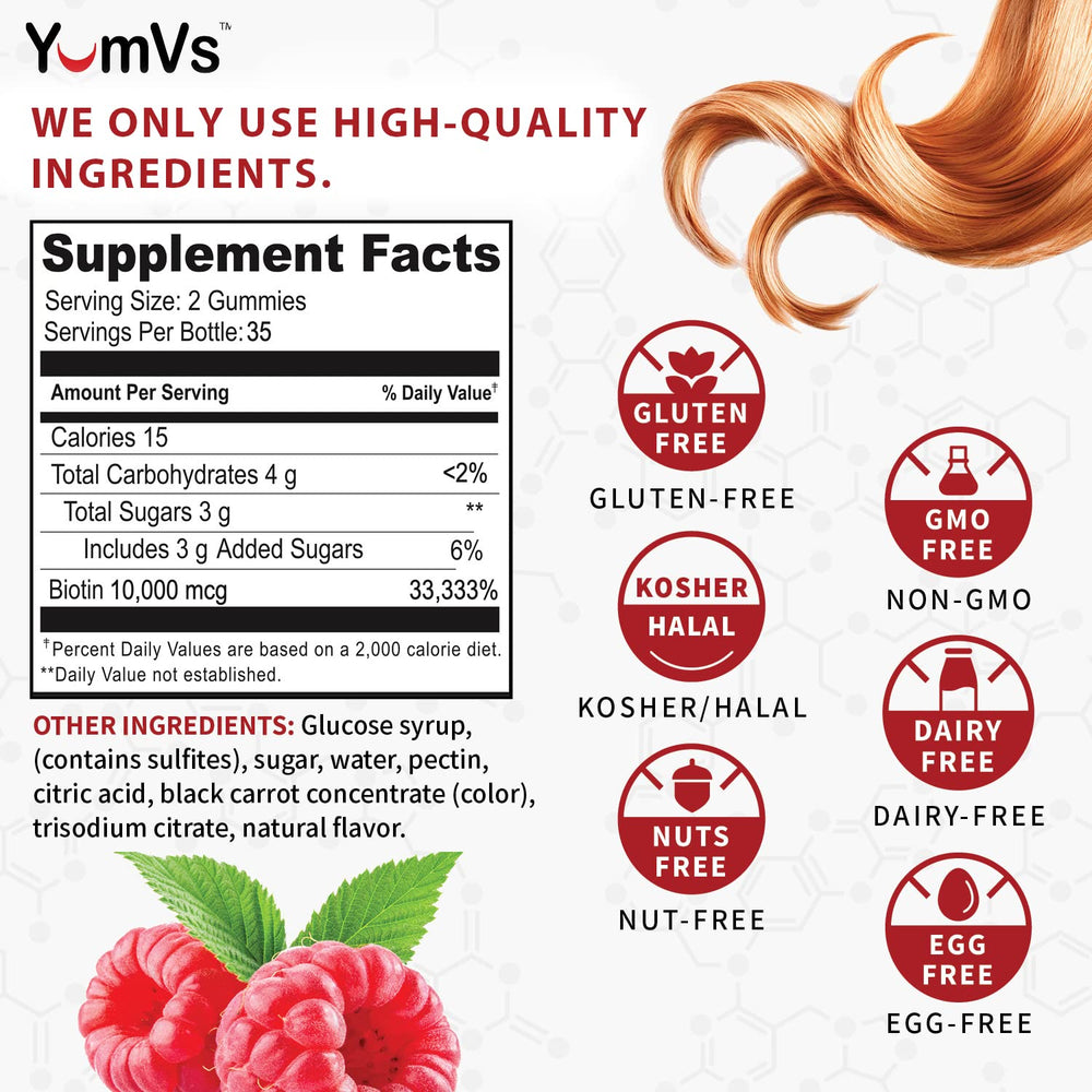 Close-up of raspberry-flavored biotin gummies for hair, skin, nails