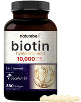Front view of NatureBell Biotin 10000mcg + Hyaluronic Acid 25mg softgels with coconut oil