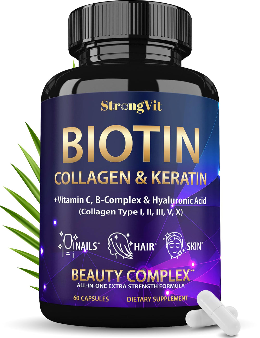 Product front view: Biotin with hyaluronic acid, keratin, and collagen