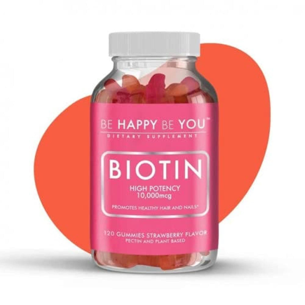 Biotin vegan gummies by BE HAPPY BE YOU – 120 count, 10,000 mcg potency, B7 vitamin.