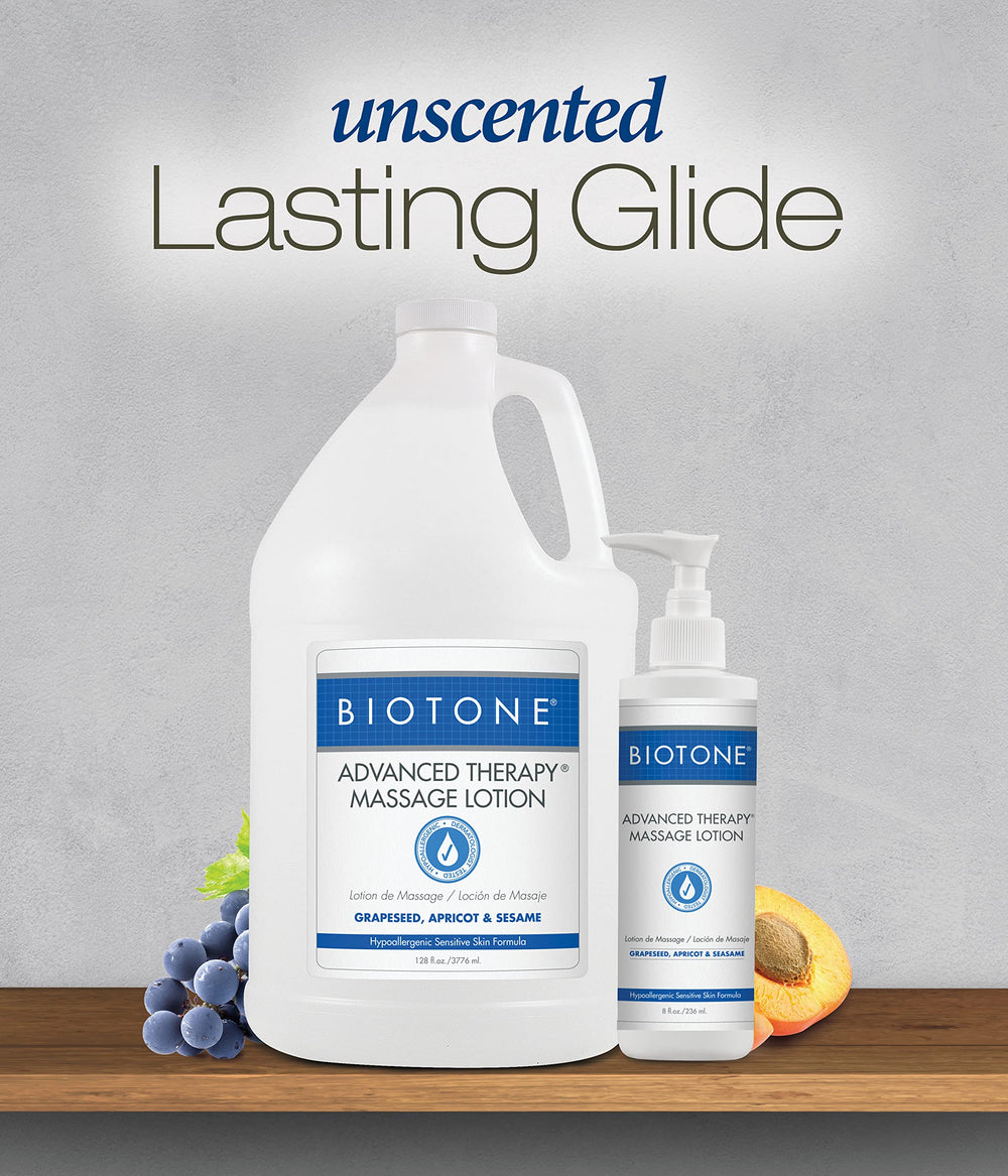 Rich texture of BIOTONE Advanced Therapy Massage Lotion being applied