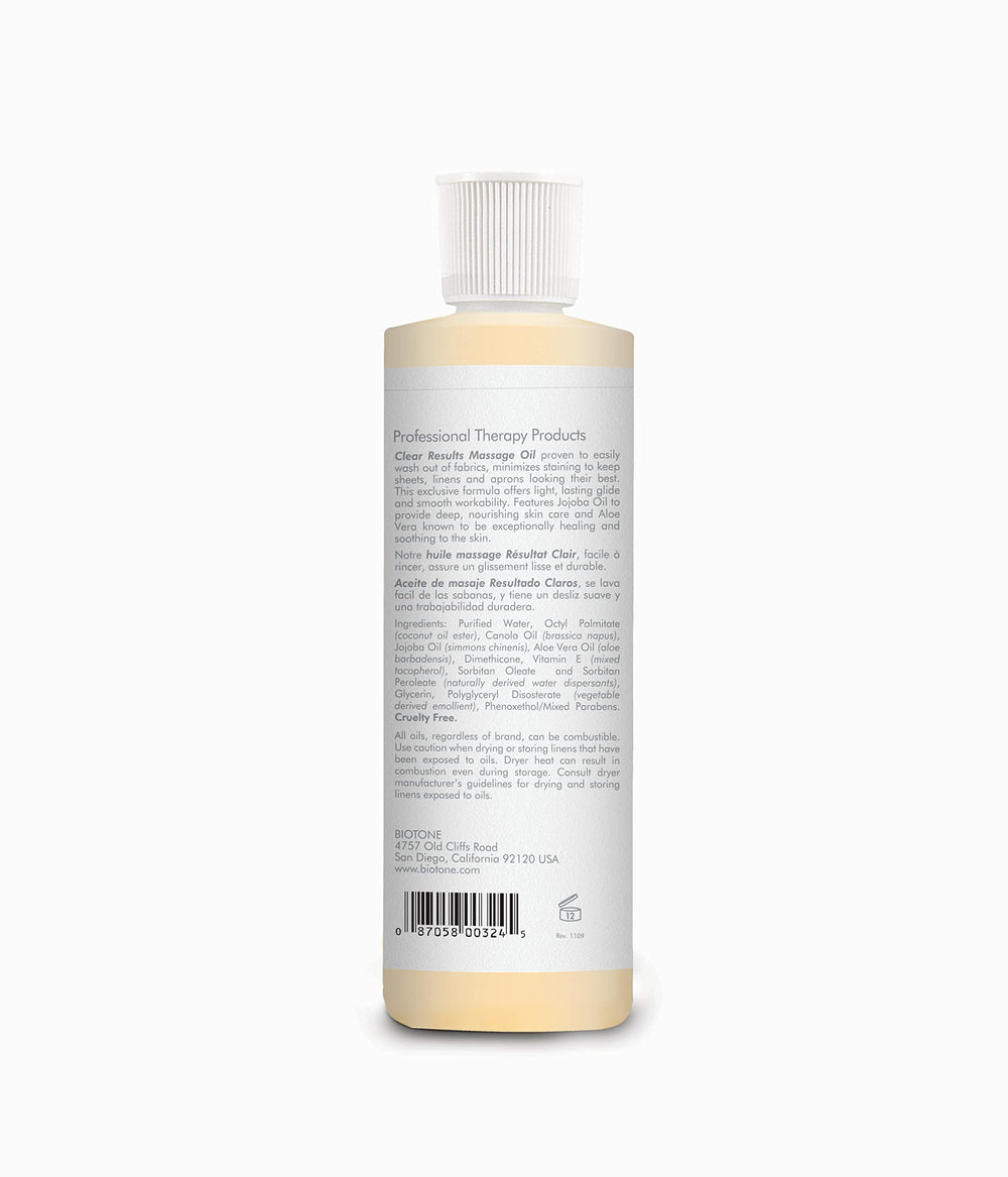 Biotone Clear Results Massage Oil 8 oz bottle - back label