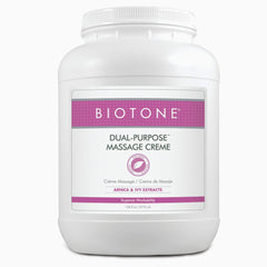 Biotone Dual-Purpose Massage Crème bottle label with Arnica and Ivy Extracts
