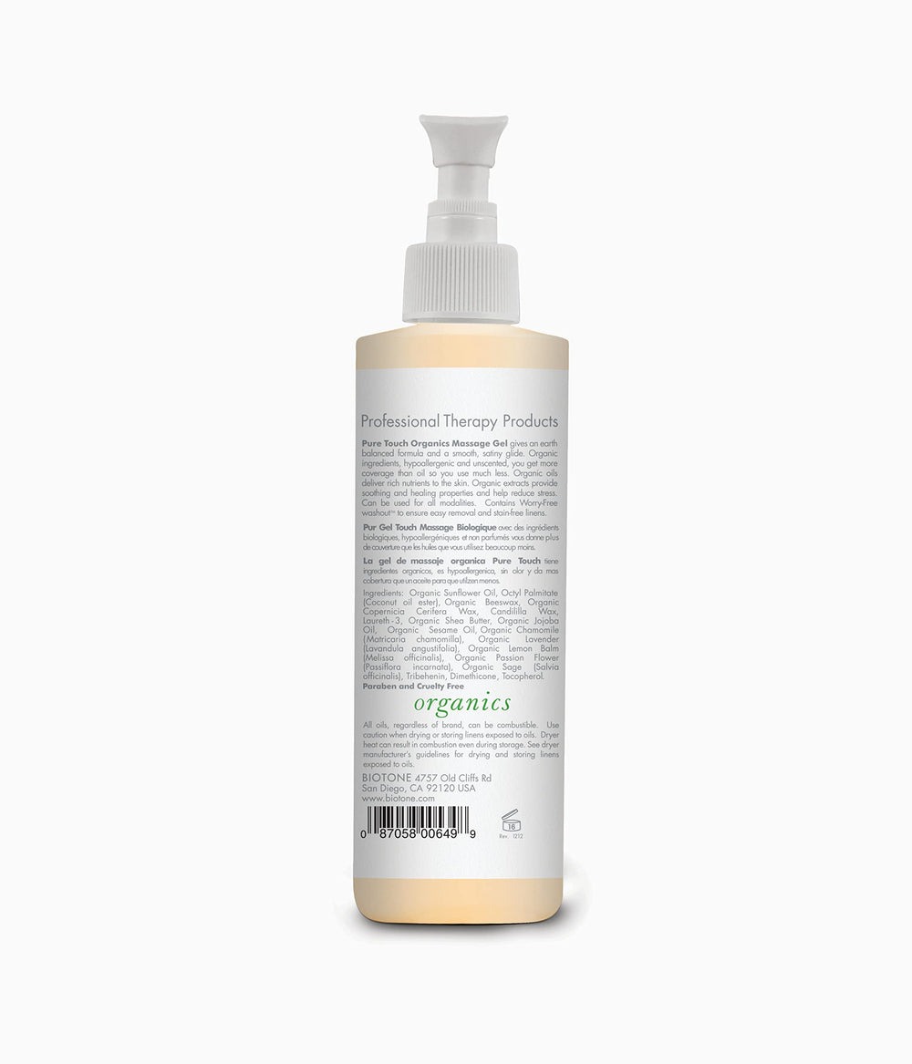 Biotone Pure Touch Organics Massage Gel bottle label close-up