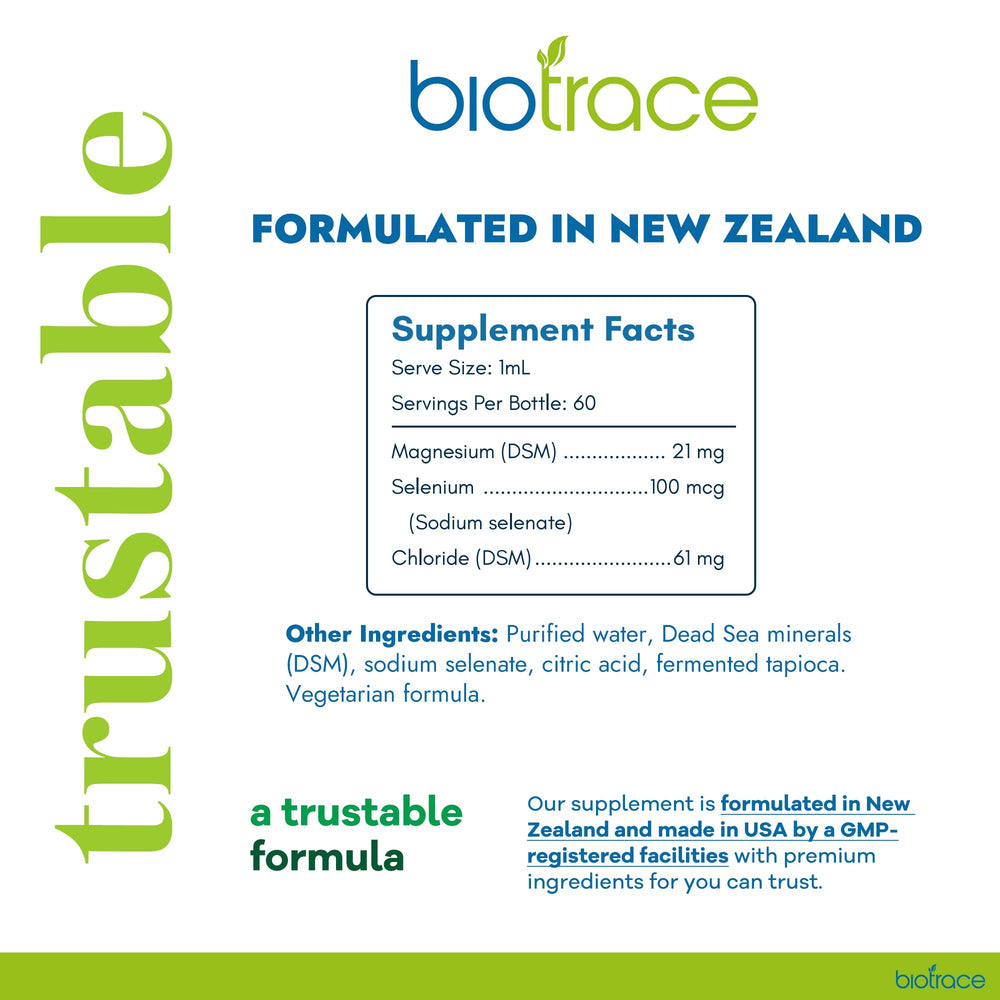 Close-up of Biotrace Selenium 100mcg liquid drops bottle