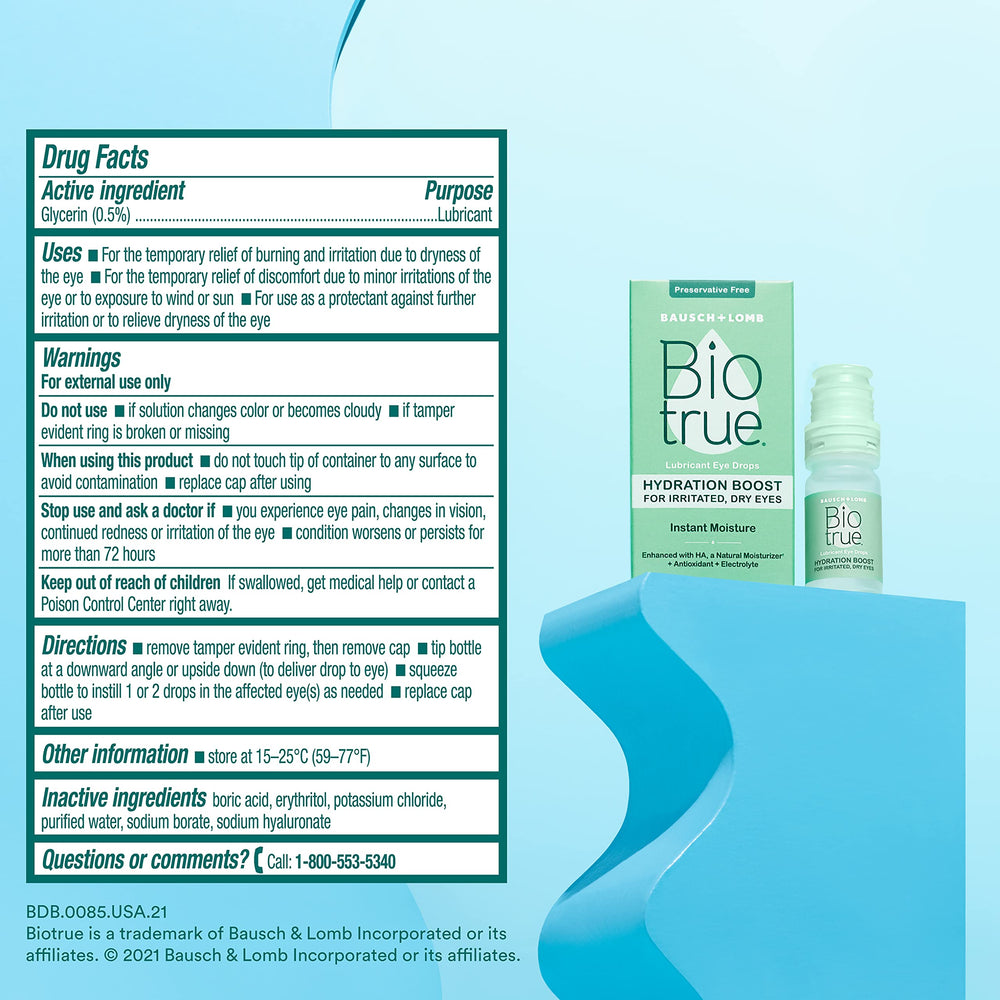 Biotrue Hydration Boost with contact lens-friendly design for comfortable wear.