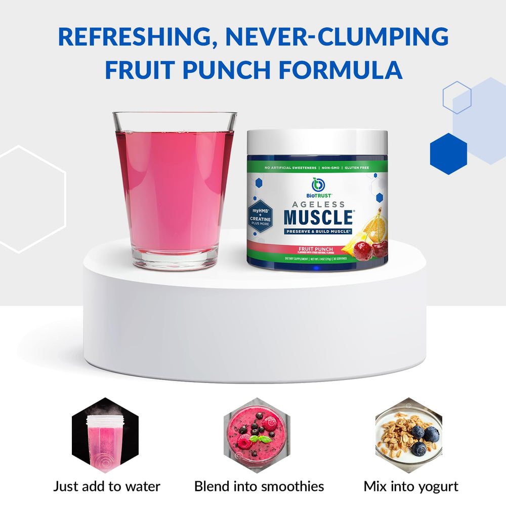 BioTrust Ageless Muscle in a glass illustrates versatile use with drinks