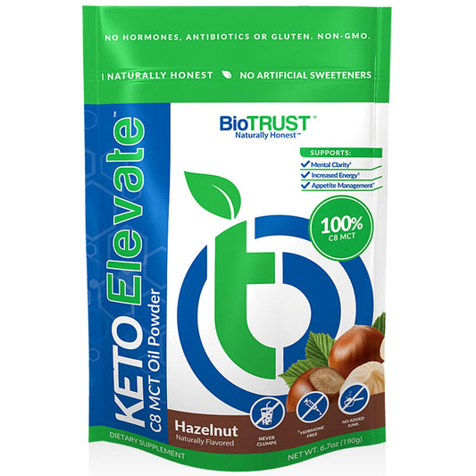 Hazelnut flavor BioTrust Keto Elevate C8 MCT Powder jar (20 servings)