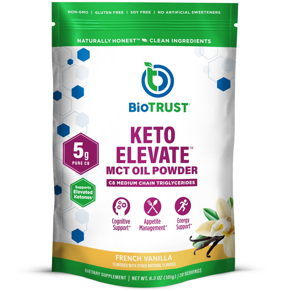BioTrust Keto Elevate French Vanilla tub for keto-friendly coffee creamer.