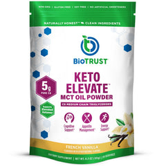 BioTrust Keto Elevate French Vanilla tub for keto-friendly coffee creamer.