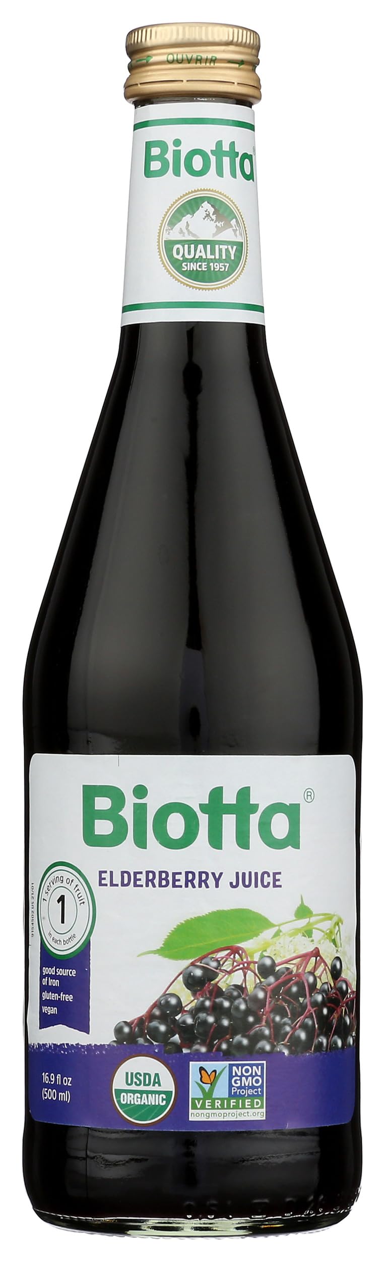 Front label of Biotta Naturals Elderberry Juice, 16.9 oz