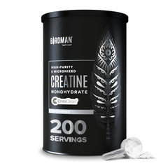 Birdman Micronized Creatine Monohydrate powder container with scoop