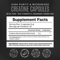 Close-up of micronized creatine monohydrate capsules in bottle