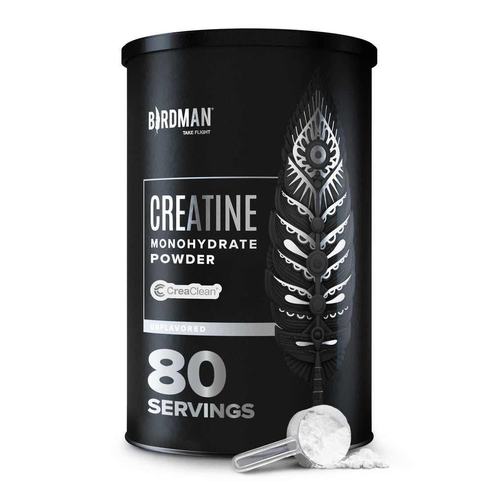 Birdman Micronized Creatine Monohydrate powder bottle with 80 servings