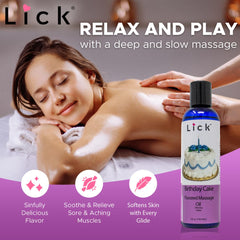 Packaging of birthday cake flavored massage oil