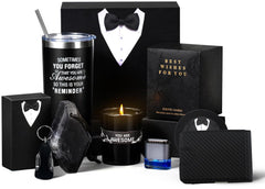 Display of 8-piece premium birthday gift basket for men