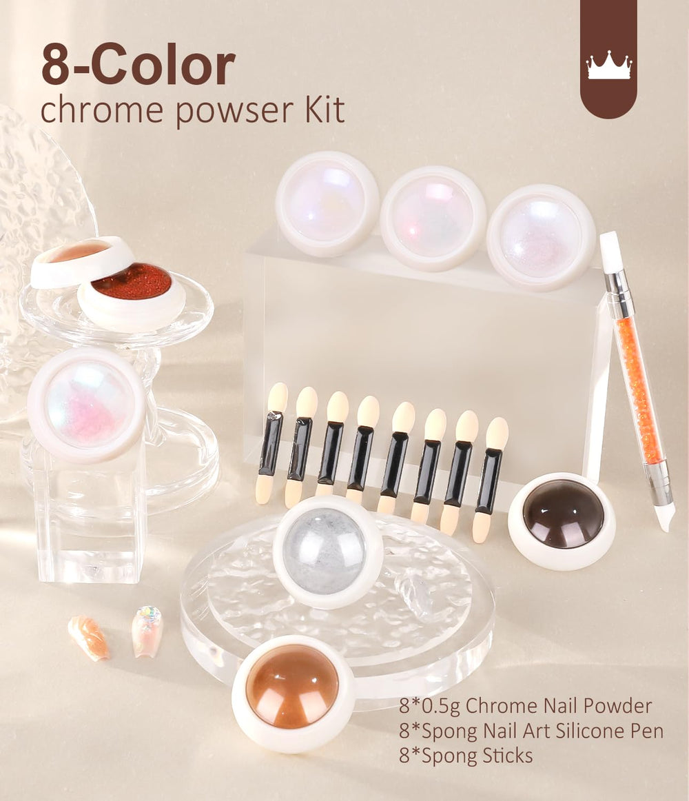 BISHENGYF Mermaid Pearl Chrome nail powder eight color collection on display