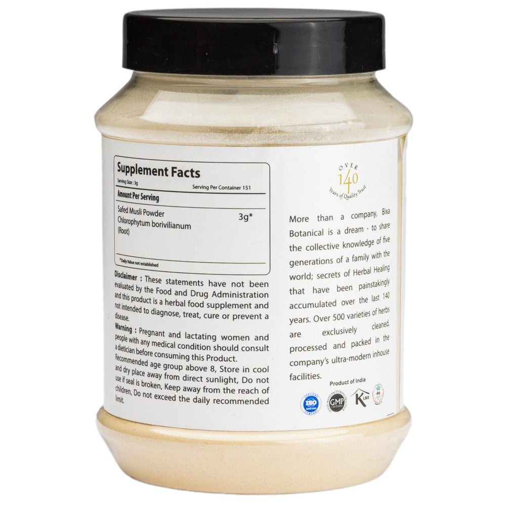 Bixa Botanical Safed Musli powder with scoop enables precise daily dosing.