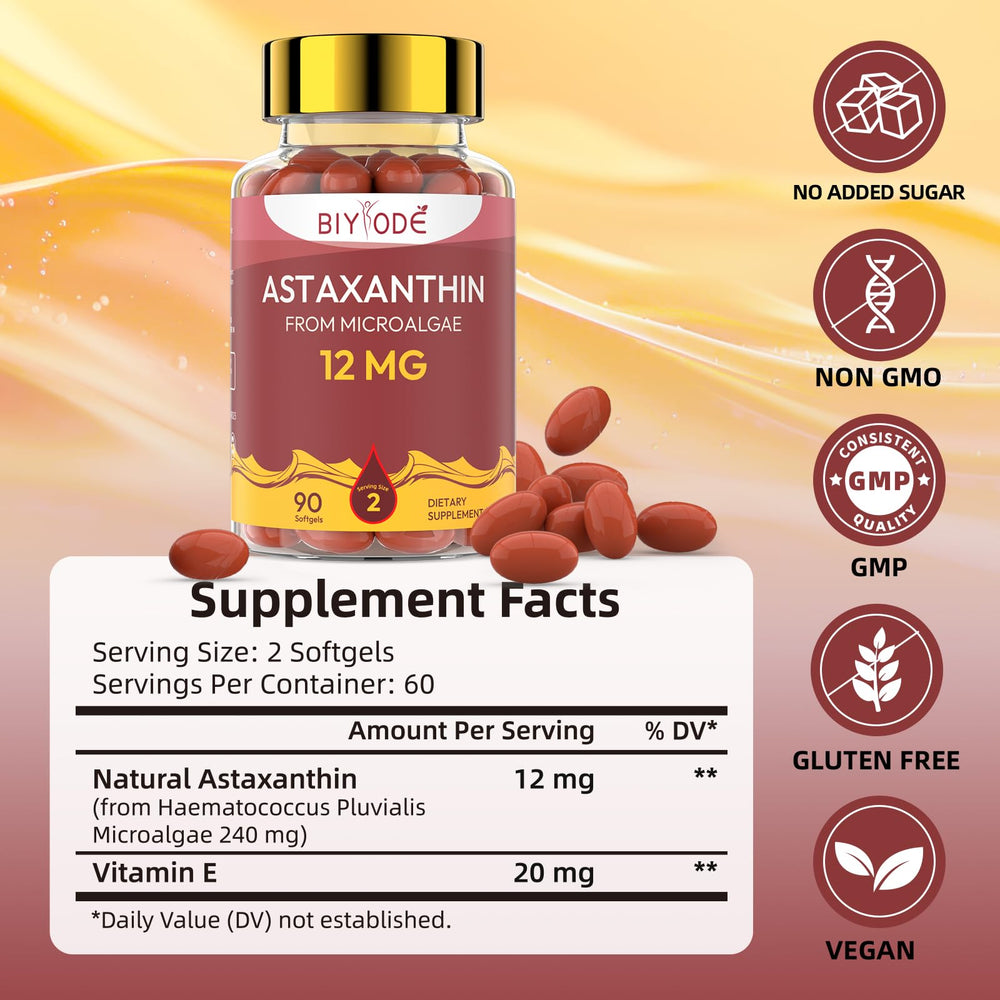 Label showing ingredients and claims for BIYODE Astaxanthin