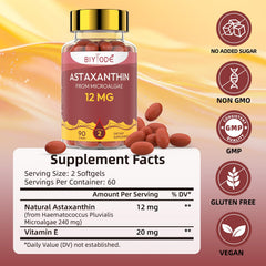 Label showing ingredients and claims for BIYODE Astaxanthin