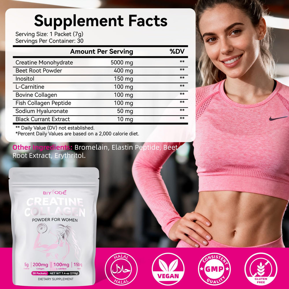 Preparing a pink BIYODE Creatine Sticks drink in a glass.