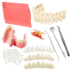 Hands assembling DIY denture kit with wax and tools