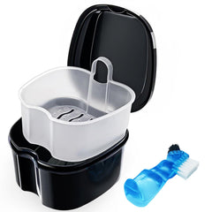 Black denture soaking container with lid and built-in strainer