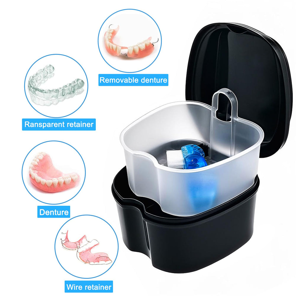 Denture cleaning case close-up showing detachable drain basket