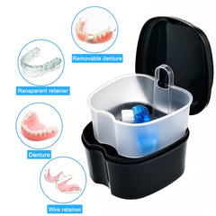 Denture cleaning case close-up showing detachable drain basket