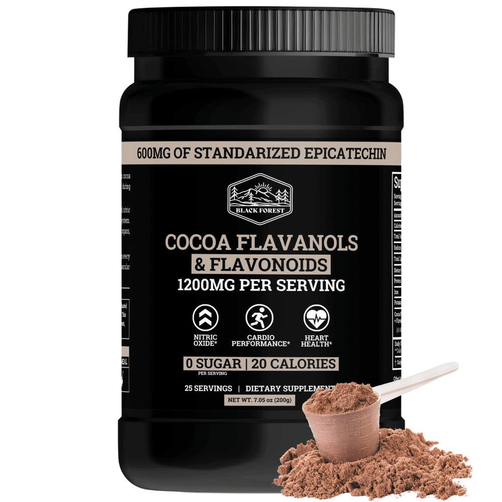 Product bottle label highlighting 1200mg flavanols and 600mg epicatechin per serving