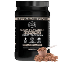 Product bottle label highlighting 1200mg flavanols and 600mg epicatechin per serving
