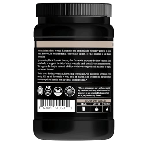 Black Forest high flavanol cocoa powder jar with label shows vegan and non-GMO features