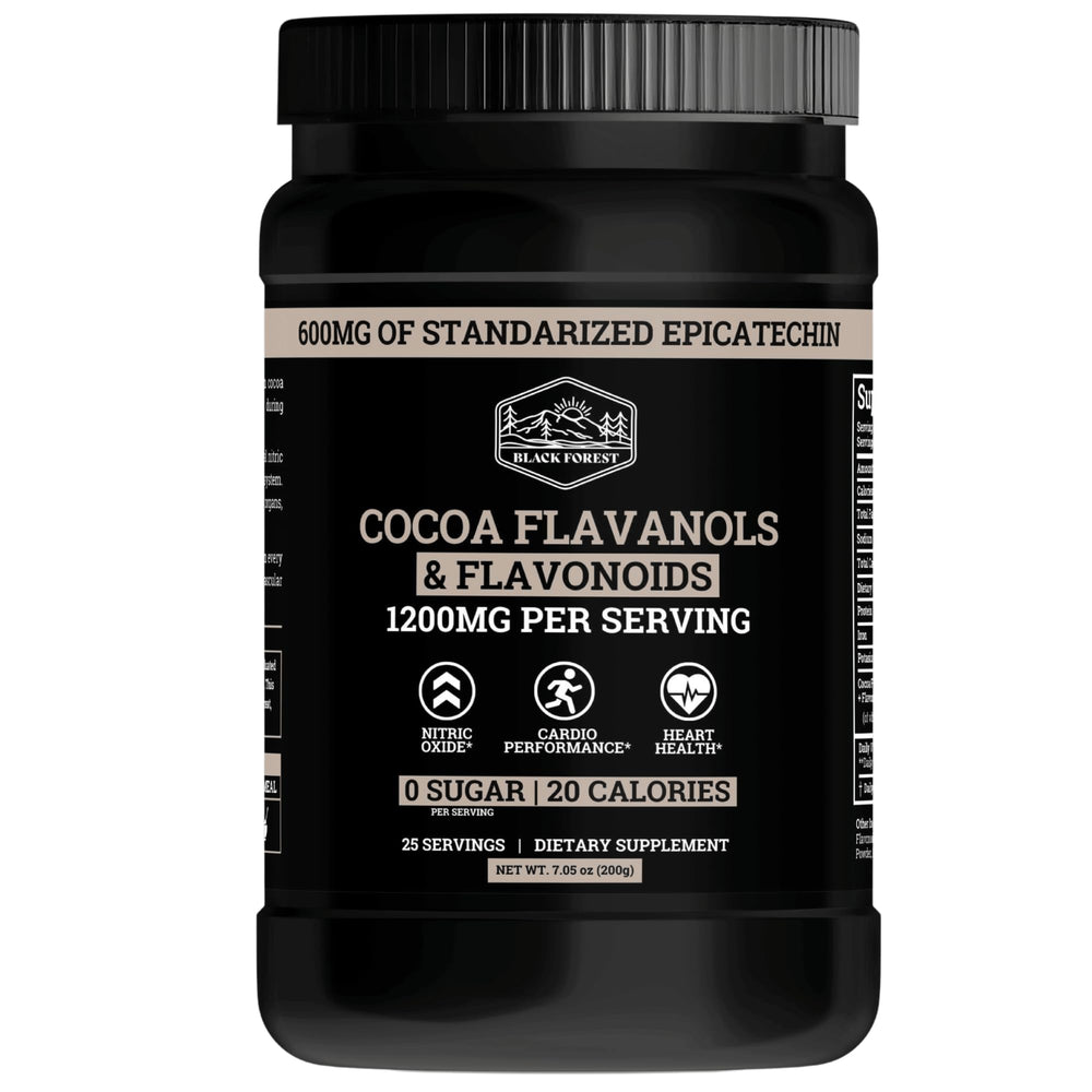 Black Forest high flavanol cocoa powder pack shot highlighting premium ingredients for heart health