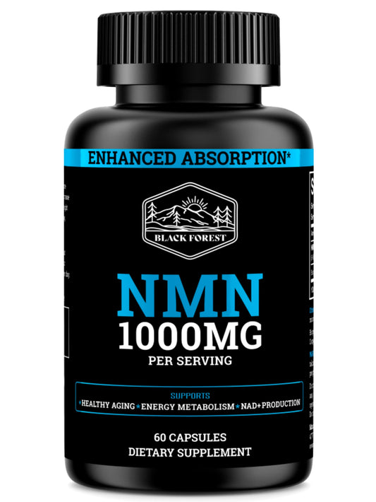 Front view of Black Forest NMN 1000mg bottle with 60 capsules