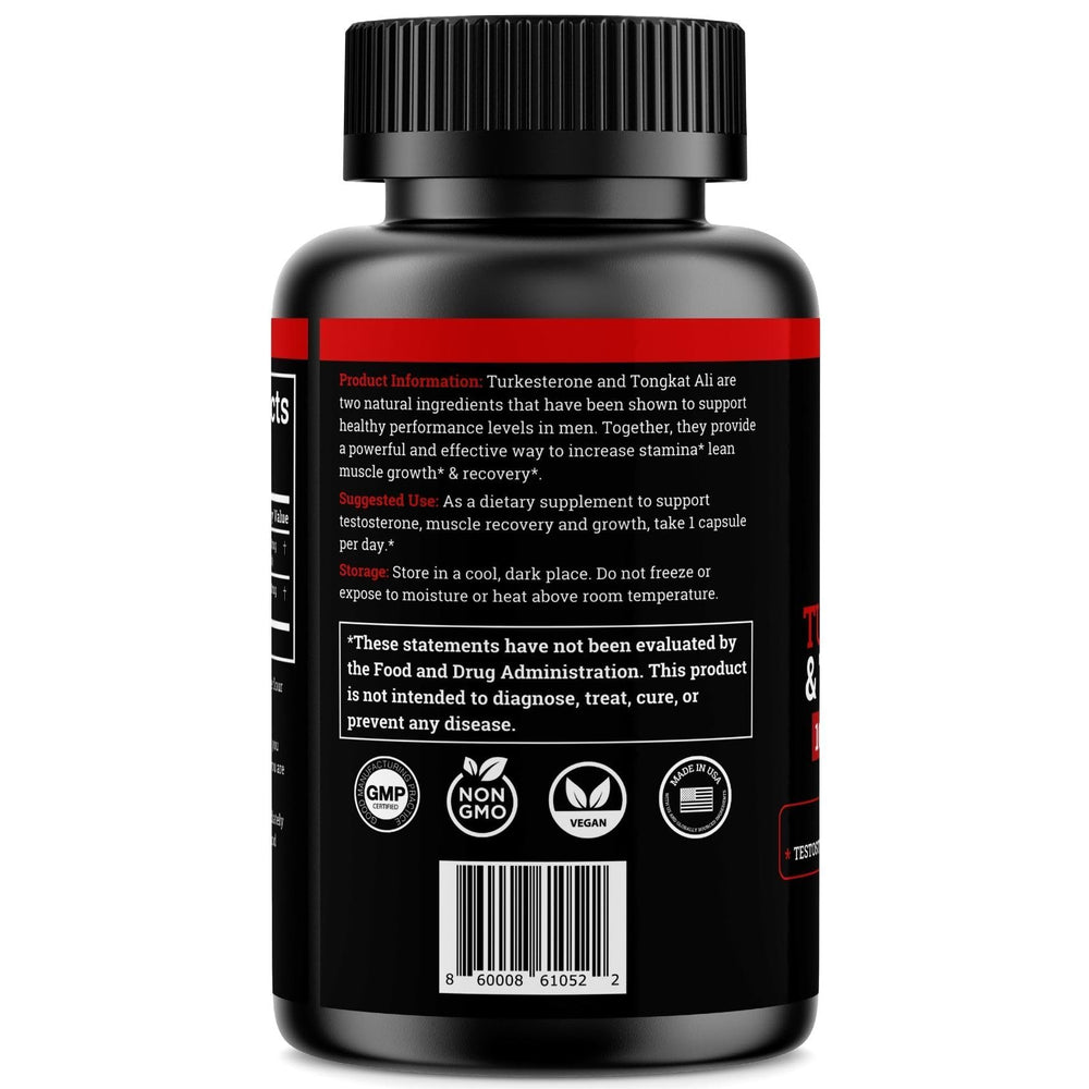 Product label highlights 200:1 Tongkat Ali extract and Turkesterone content.