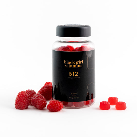 Front view of Black Girl Vitamins B12 Gummies Raspberry 60-count bottle