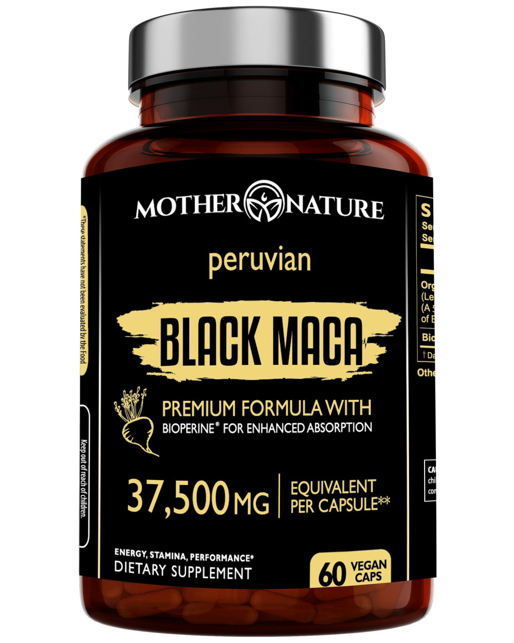 Front view of Black Maca Root 50:1 Extract bottle with 60 capsules