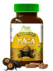 Bottle of Black Maca Root Capsules with Organic Vegan labeling