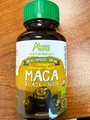 Black Maca Root Capsule and powder on white background